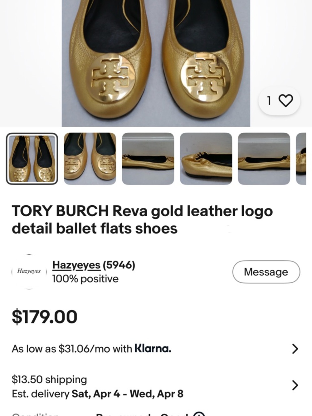 Tory Burch Metallic Gold Leather Logo Ballet Flats